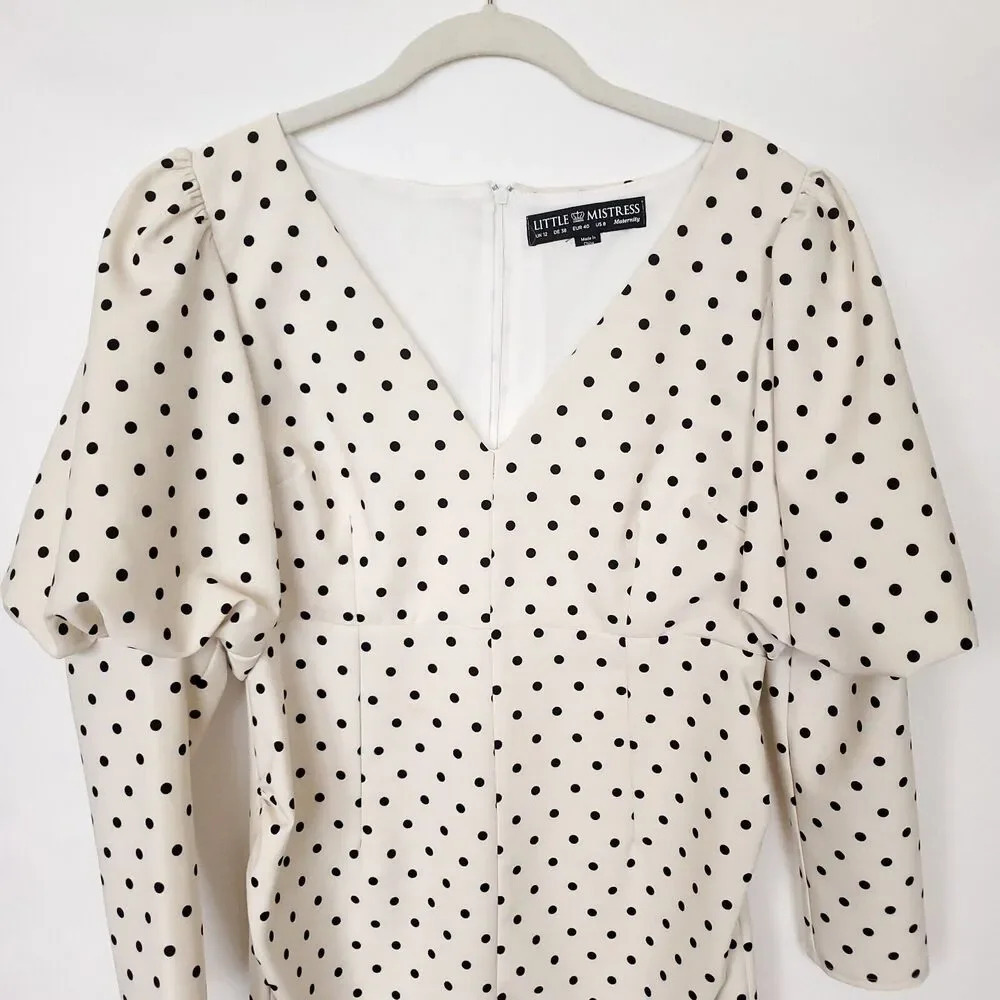 ASOS Little Mistress Maternity Womens Dress Size 8 Cream Black Polka Dot Midi - Picture 4 of 14